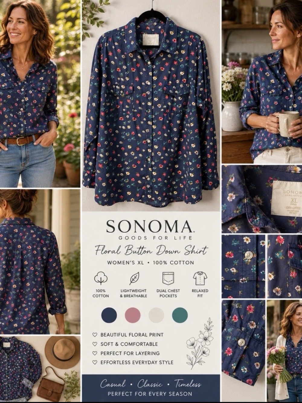 Sonoma Life Style Shirt 1X Blue Pink Floral Cottagecore Farmhouse Boho Blouse